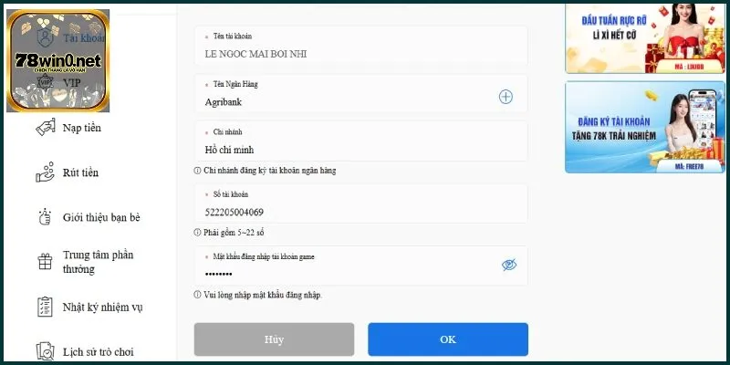 rút tiền 78win ngân hàng